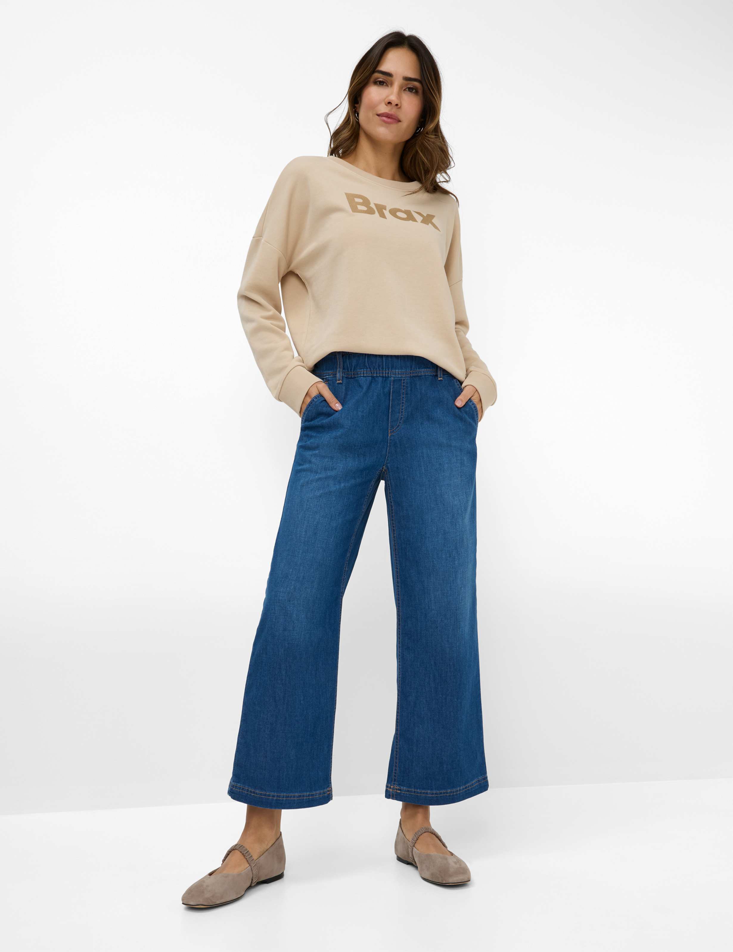 Women Style MAINE S Denim Blue Wide Leg Model Outfit